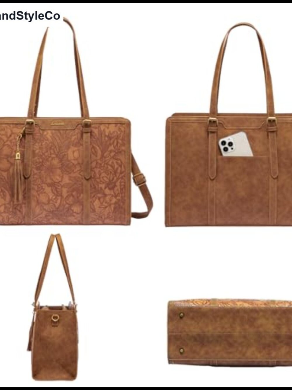 Vintage Faux Leather Laptop Tote Bag for Women 15.6 Inch Work Bag with Cup - Picture 5 of 5